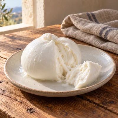 Illustrazione AI: mozzarella su un piatto, non un prodotto o locale identificato.